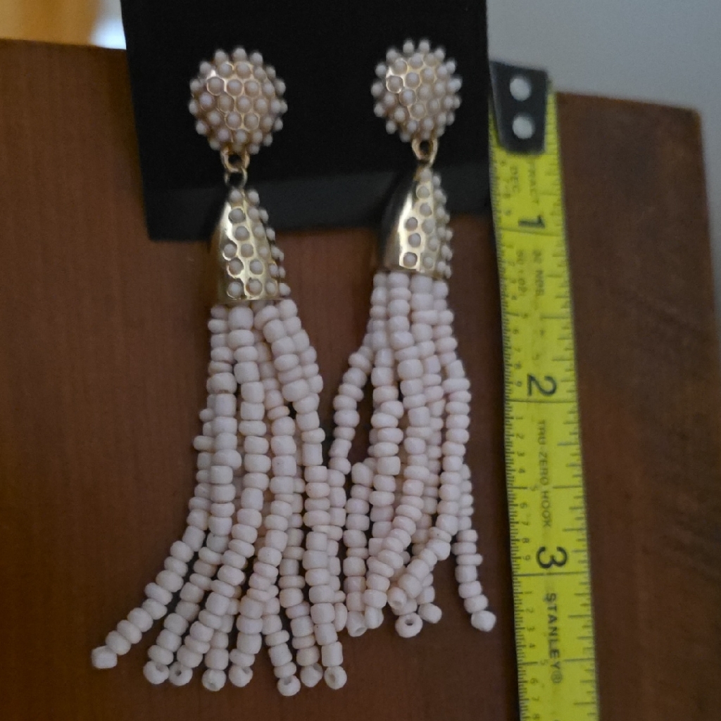 Elegant Gold And White Beaded Tassel Earrings